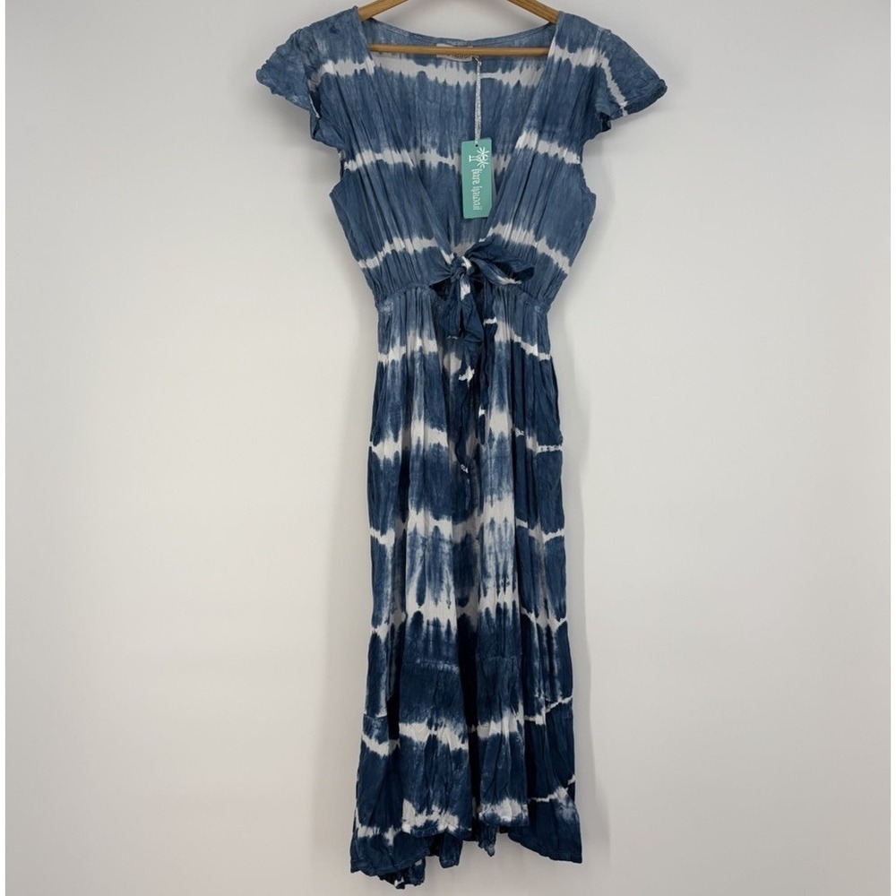 Tiare Hawaii Tie Dye Midi Dress V-Neck Flutter Cap Sleeve Blue OS S Island Beach